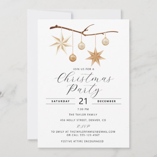 クリスマスエレガントパーティの招待状と金ゴールド星 招待状 (正面)
