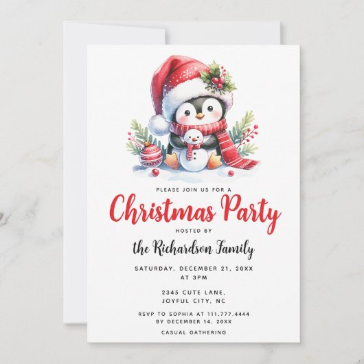 クリスマスエレガントパーティーかわいいペンギンクリスマス 招待状 (正面)