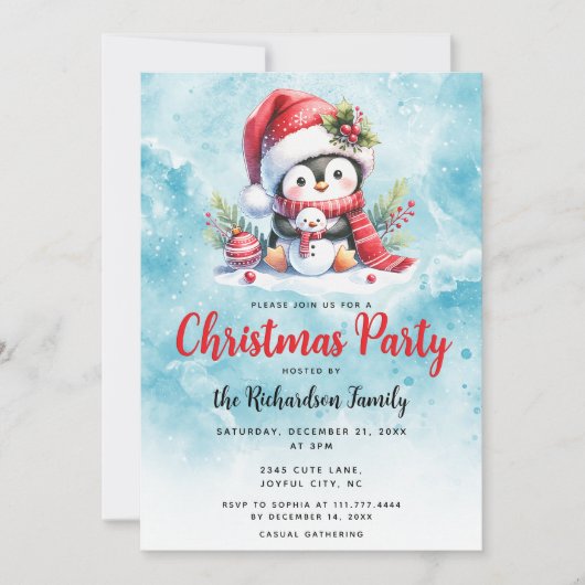 クリスマスエレガントパーティーかわいいペンギンブルークリスマス 招待状 (正面)