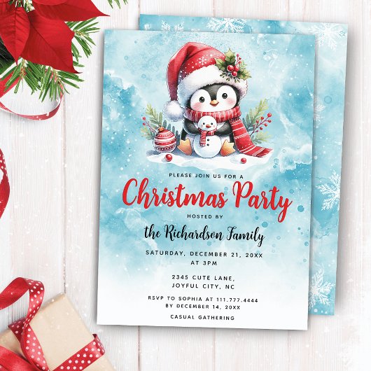 クリスマスエレガントパーティーかわいいペンギンブルークリスマス 招待状