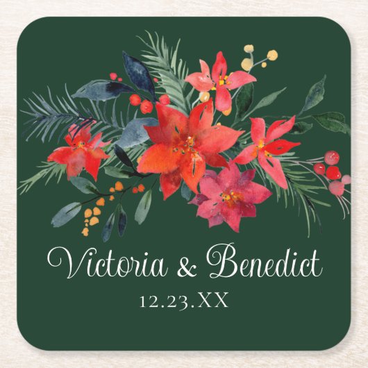 クリスマスエレガントフローラグ結婚リーン スクエアペーパーコースター (正面)