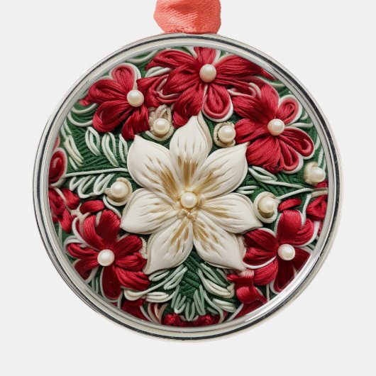 クリスマスエレガントフローラホリデーズ刺繍フェイク済み メタルオーナメント (正面)