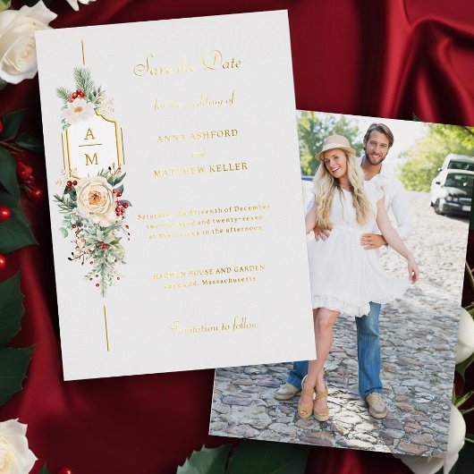 クリスマスエレガントフローラモノグラム日付の保存 箔招待状