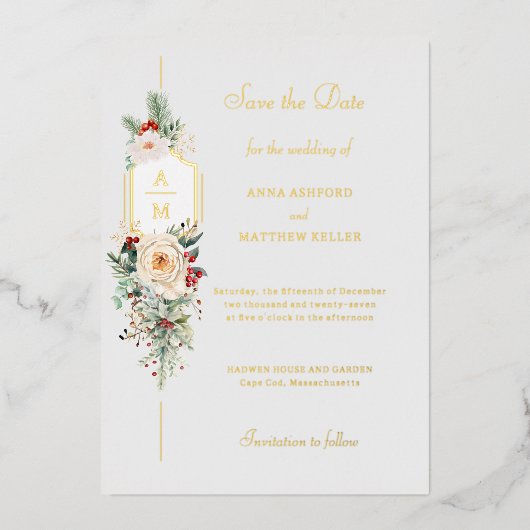 クリスマスエレガントフローラモノグラム日付の保存 箔招待状 (正面)