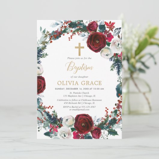 クリスマスエレガントブルゴーニュ金ゴールド女の子の洗礼 招待状 (スタンド正面)