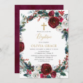 クリスマスエレガントブルゴーニュ金ゴールド女の子の洗礼 招待状 (正面/裏面)