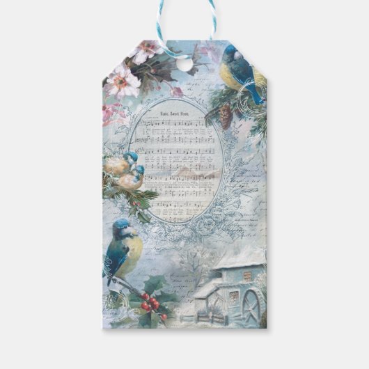 クリスマスエレガントブルーバードと音楽エフェメラ ギフトタグ (正面)