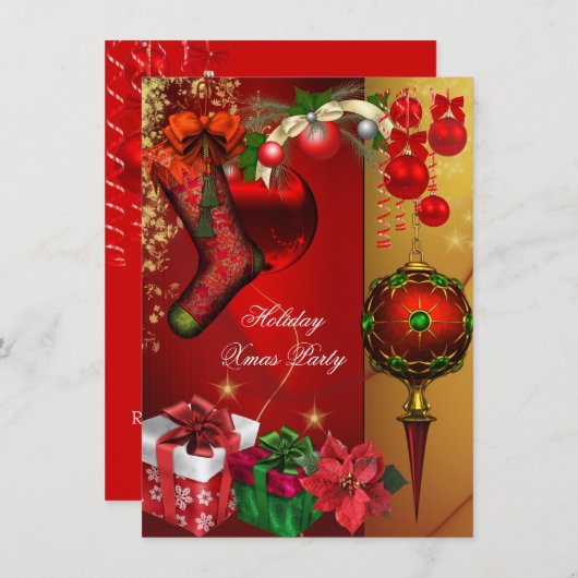 クリスマスエレガントホリデーパーティー赤い金ゴールドギフトボール 招待状 (正面/裏面)