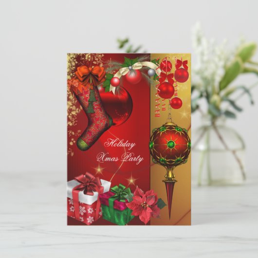 クリスマスエレガントホリデーパーティー赤い金ゴールドギフトボール 招待状 (スタンド正面)