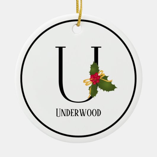 クリスマスエレガントホリーモノグラムレターU セラミックオーナメント (正面)