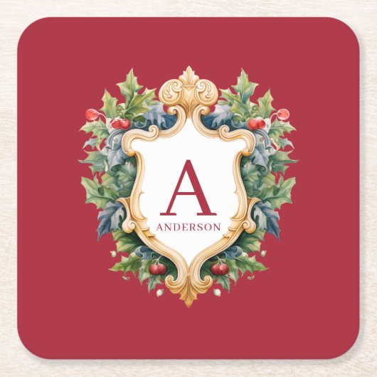 クリスマスエレガントモノグラム文字 スクエアペーパーコースター (正面)