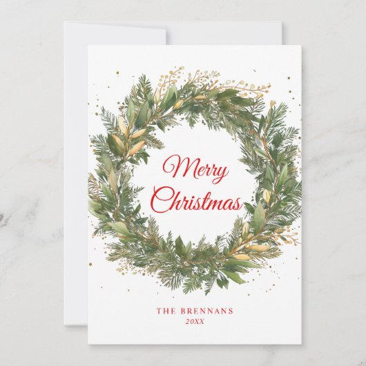 クリスマスエレガントレッドグリーン植物学リース シーズンカード (正面)