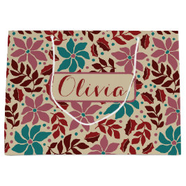 クリスマスエレガントヴィンテージフローラ名前をカスタムする ラージペーパーバッグ