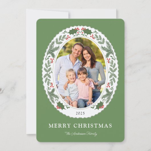 クリスマスエレガント休暇の緑のメッセージ写真 シーズンカード (正面)