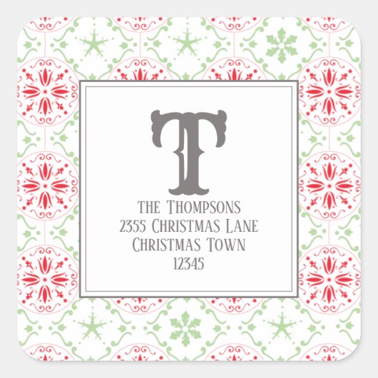 クリスマスエレガント赤と緑の差出人住所 スクエアシール (正面)