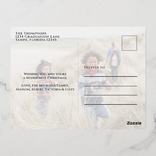 クリスマスエレガント金ゴールドフレーム2フォトホリデー 箔シーズンポストカード (裏面)