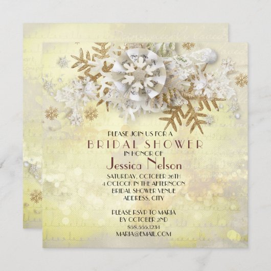 クリスマスエレガント金ゴールド雪片ブライダルシャワー 招待状 (正面/裏面)