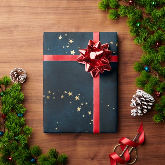 クリスマスエレガント高級金ゴールド星パターンブルーw ラッピングペーパー (クリスマスギフト)