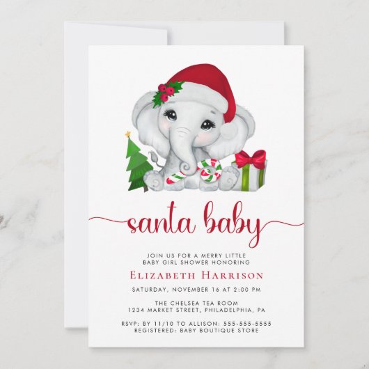 クリスマスエレファントサンタベビーガールシャワー 招待状 (正面)