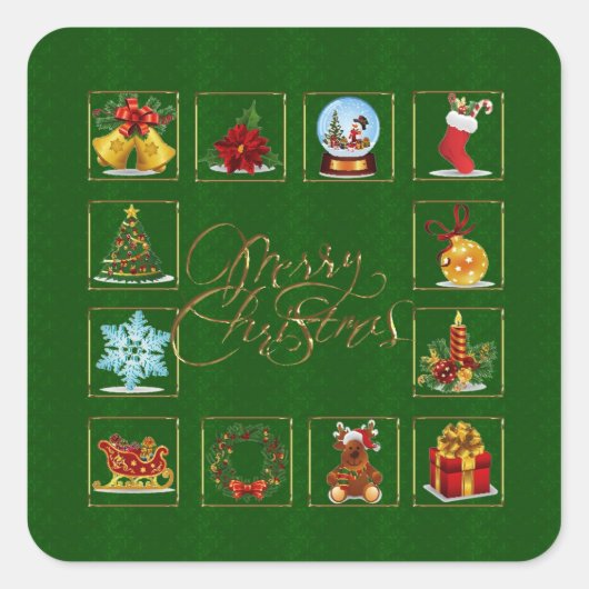 クリスマスエレメンツ緑ステッカー スクエアシール (正面)