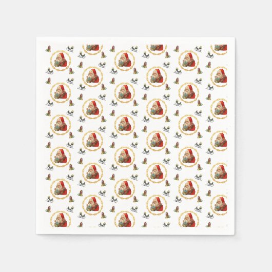 クリスマスエレメントを持つ金ゴールドリースのサンタ スタンダードカクテルナプキン (正面)