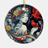 クリスマスエンジェルと深紅色 セラミックオーナメント (正面)