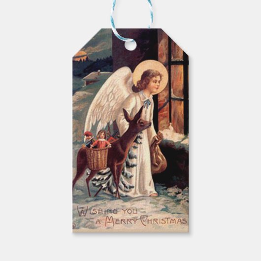 クリスマスエンジェルと鹿の贈り物ラベル ギフトタグ (正面)
