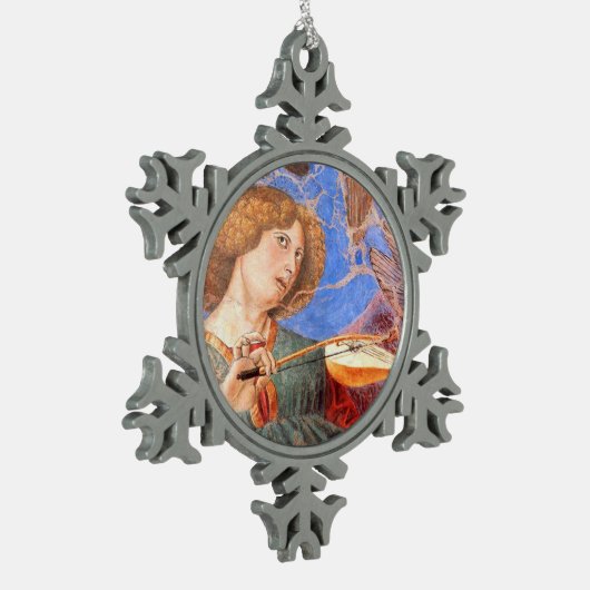 クリスマスエンジェルの音楽を赤、青のターコイズ スノーフレークピューターオーナメント (左)