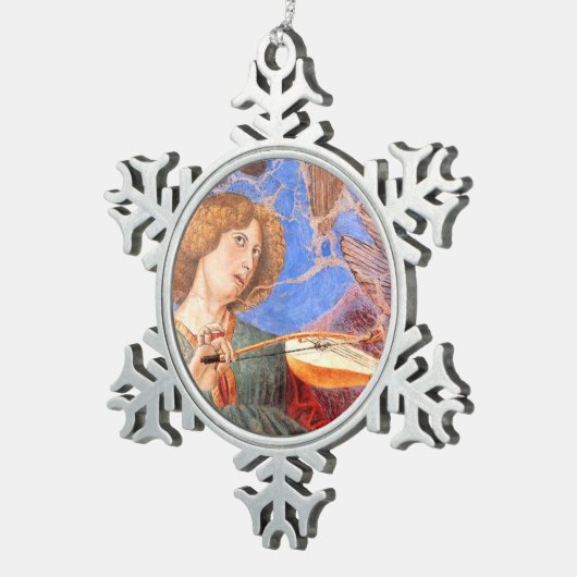 クリスマスエンジェルの音楽を赤、青のターコイズ スノーフレークピューターオーナメント (右)