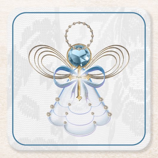 クリスマスエンジェルオブフェイスブルーエレガント金ゴールド スクエアペーパーコースター (正面)