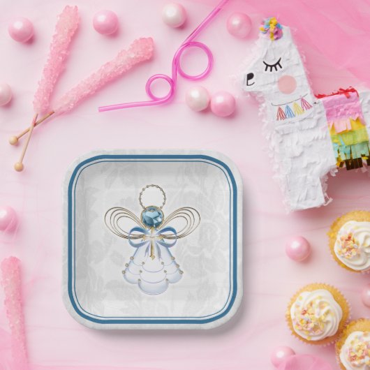 クリスマスエンジェルオブフェイスブルーエレガント金ゴールド ペーパープレート (パーティー)