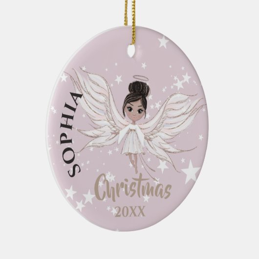 クリスマスエンジェルダークヘアスターフォトピンクかわいい セラミックオーナメント (右)