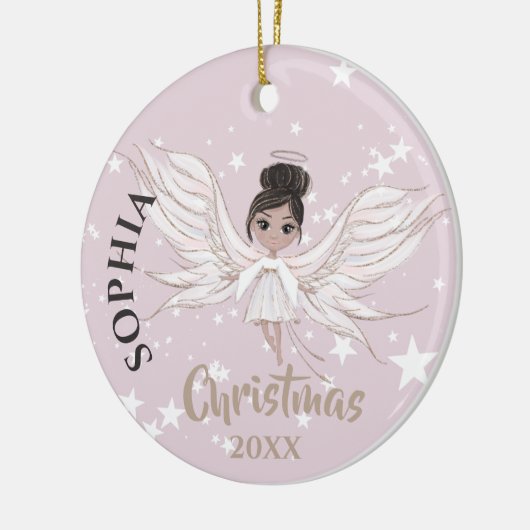 クリスマスエンジェルダークヘアスターフォトピンクかわいい セラミックオーナメント (左)