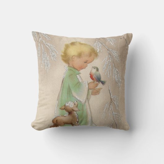 クリスマスエンジェルチャイルド金ゴールドヴィンテージレトロホリデイ クッション (正面)