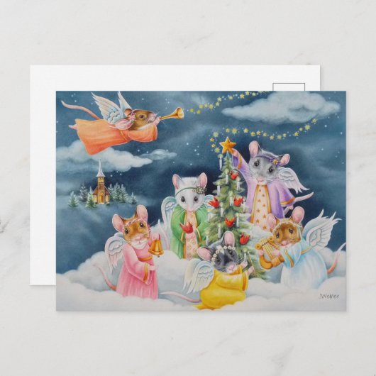 クリスマスエンジェルネズミインクラウドウォーターカラーアート ポストカード (正面/裏面)