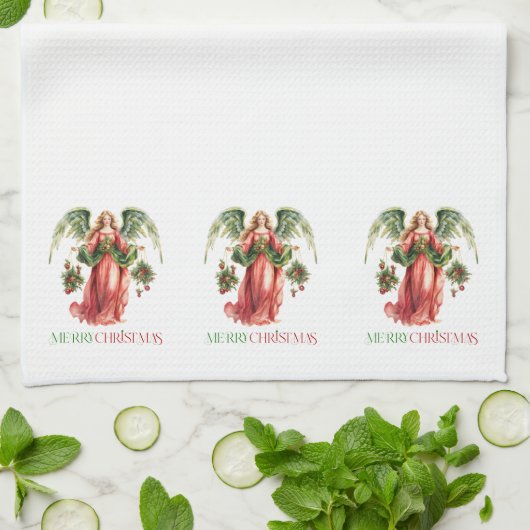 クリスマスエンジェルファンシーメリークリスマスタイポグラフィ キッチンタオル (折り畳み)