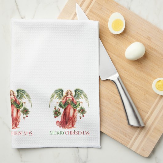 クリスマスエンジェルファンシーメリークリスマスタイポグラフィ キッチンタオル (四つ折り)