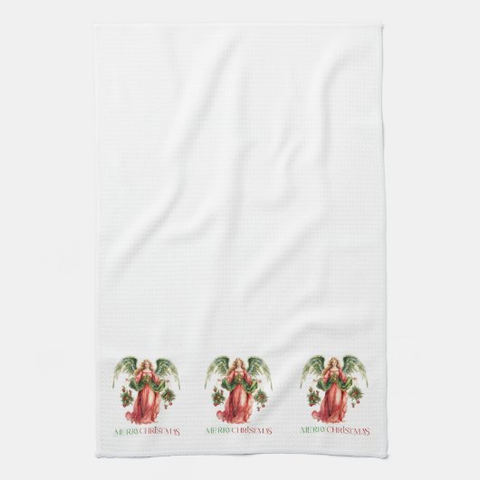クリスマスエンジェルファンシーメリークリスマスタイポグラフィ キッチンタオル (縦)