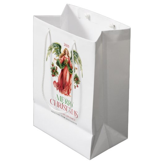 クリスマスエンジェルファンシーメリークリスマスタイポグラフィ ミディアムペーパーバッグ (正面アングル)