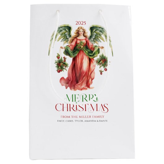 クリスマスエンジェルファンシーメリークリスマスタイポグラフィ ミディアムペーパーバッグ (正面)