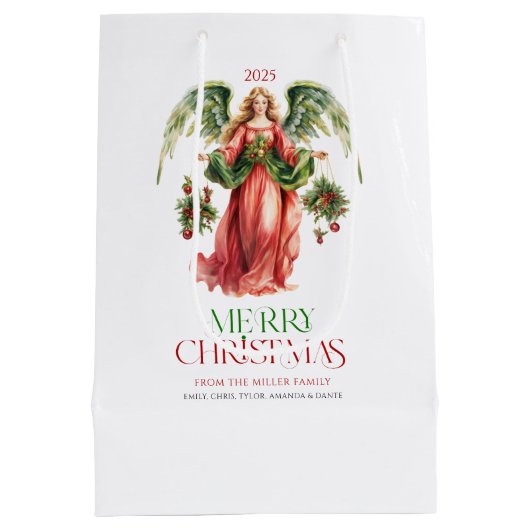 クリスマスエンジェルファンシーメリークリスマスタイポグラフィ ミディアムペーパーバッグ (裏面)