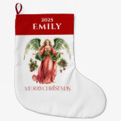 クリスマスエンジェルファンシーメリークリスマスタイポグラフィ ラージクリスマスストッキング (正面)