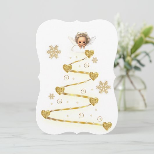クリスマスエンジェルベビー金ゴールドフラットグリーティングカード カード (スタンド正面)