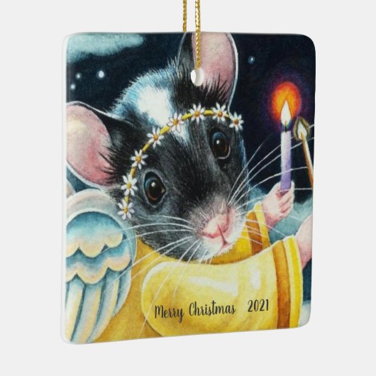 クリスマスエンジェルマウスとキャンドルウォーターカラーアート セラミックオーナメント (右)
