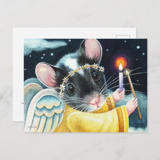 クリスマスエンジェルマウスとキャンドルウォーターカラーアート ポストカード (正面/裏面)