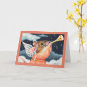 クリスマスエンジェルマウスとトランペット水彩画 カード (黄色い花)