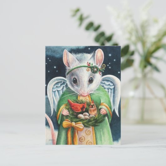 クリスマスエンジェルマウス&深紅色ウォーターカラーアート ポストカード (スタンド正面)