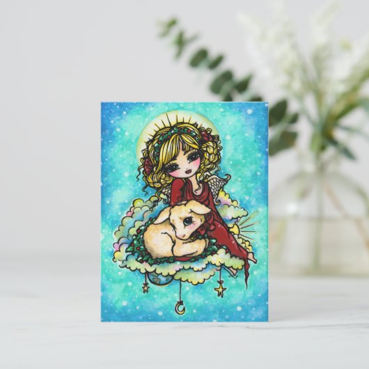 クリスマスエンジェルラムスノーファンタジーアートハガキ シーズンポストカード (スタンド正面)