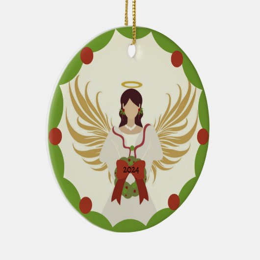 クリスマスエンジェルレッドグリーンホリーリース年2024 セラミックオーナメント (右)