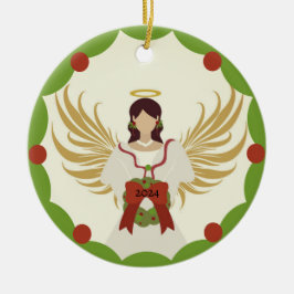 クリスマスエンジェルレッドグリーンホリーリース年2024 セラミックオーナメント
